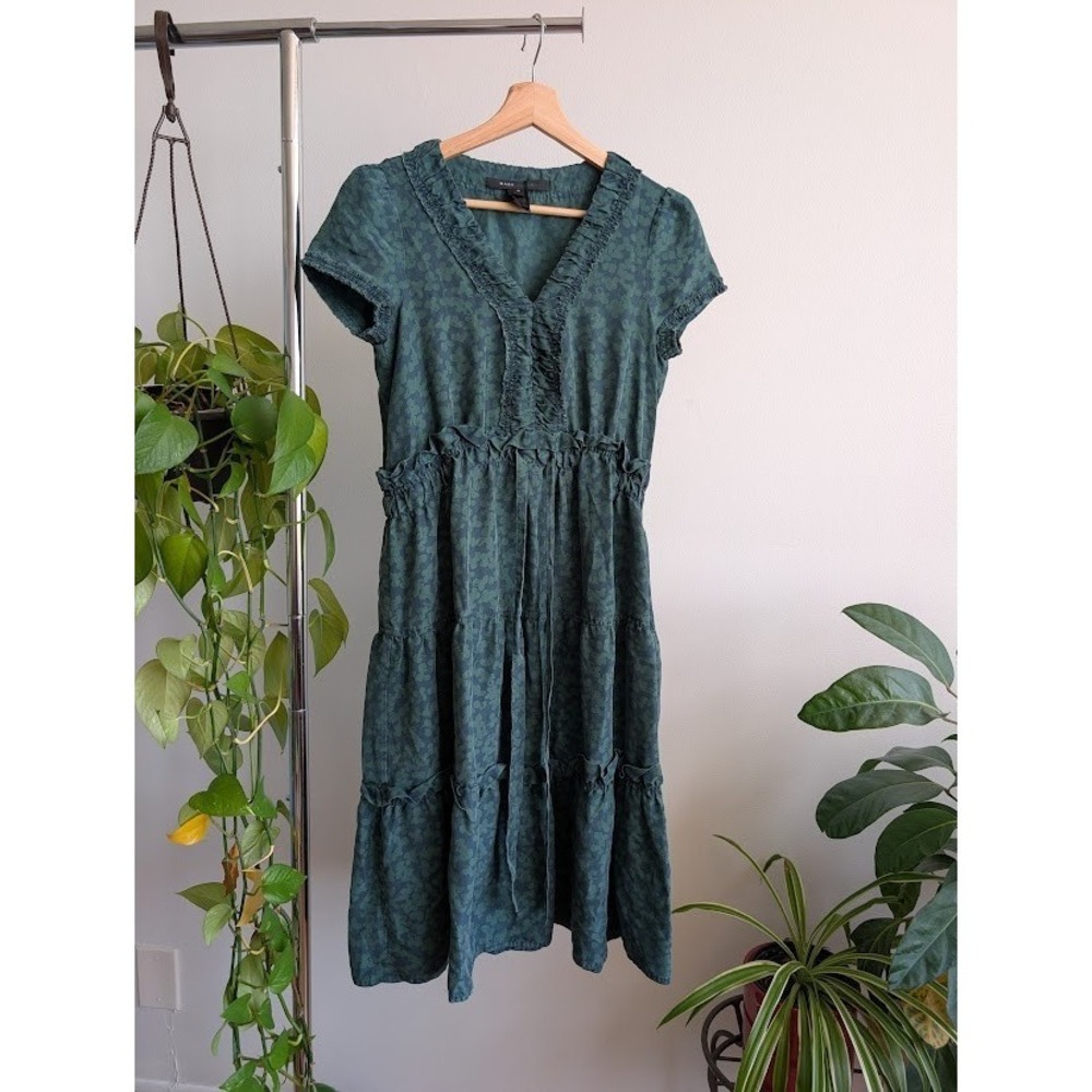 Vintage Y2K Marc Jacobs dress 100% silk 4 Tiered Midi romantic ruffle Green boho